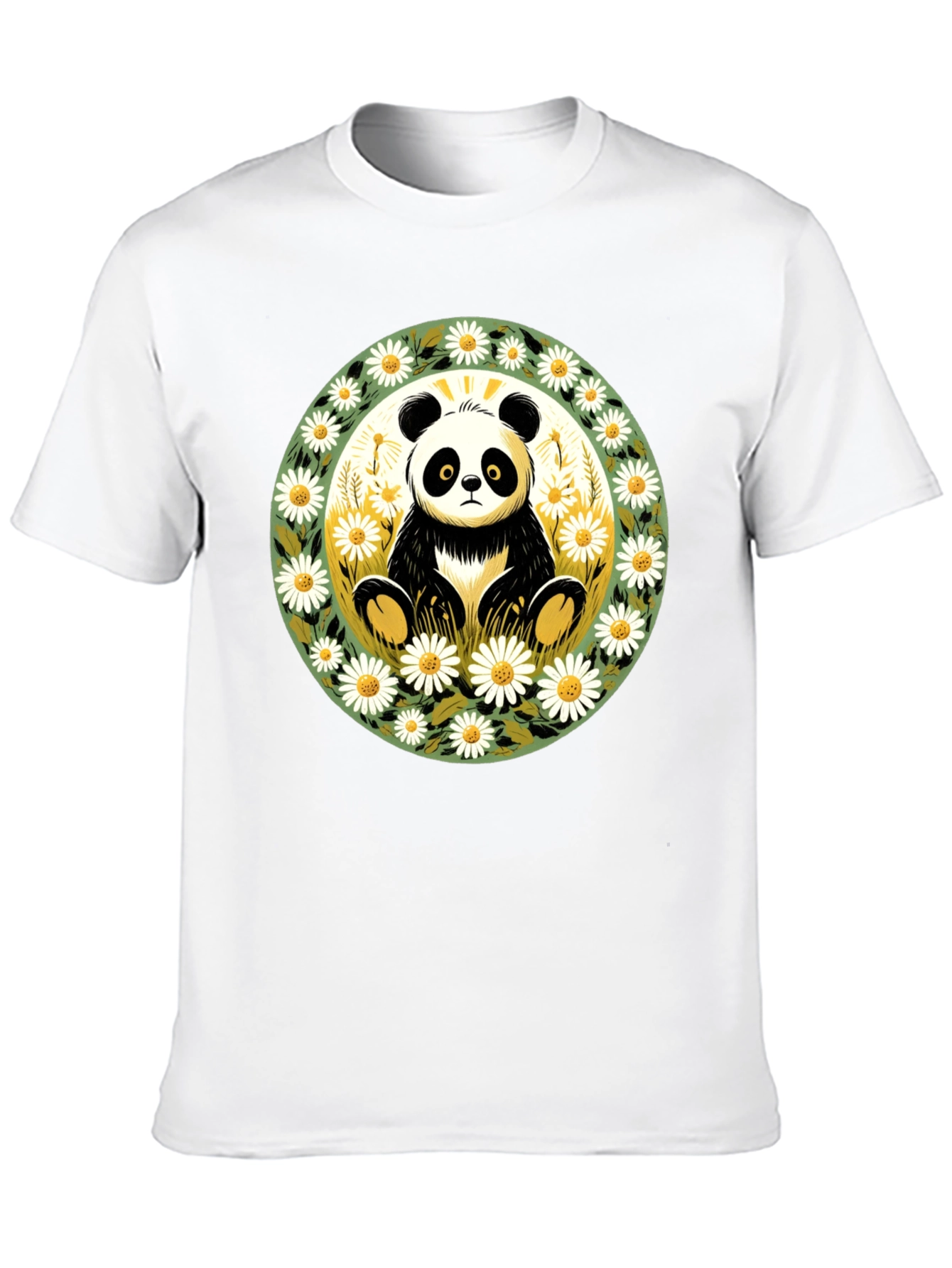 Panda Surrounded by Daisies Black T-Shirt