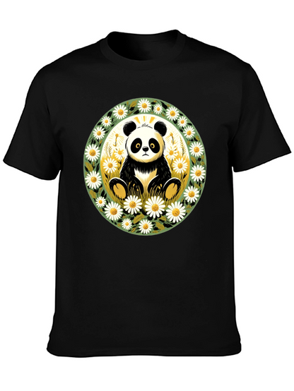 Panda Surrounded by Daisies Black T-Shirt
