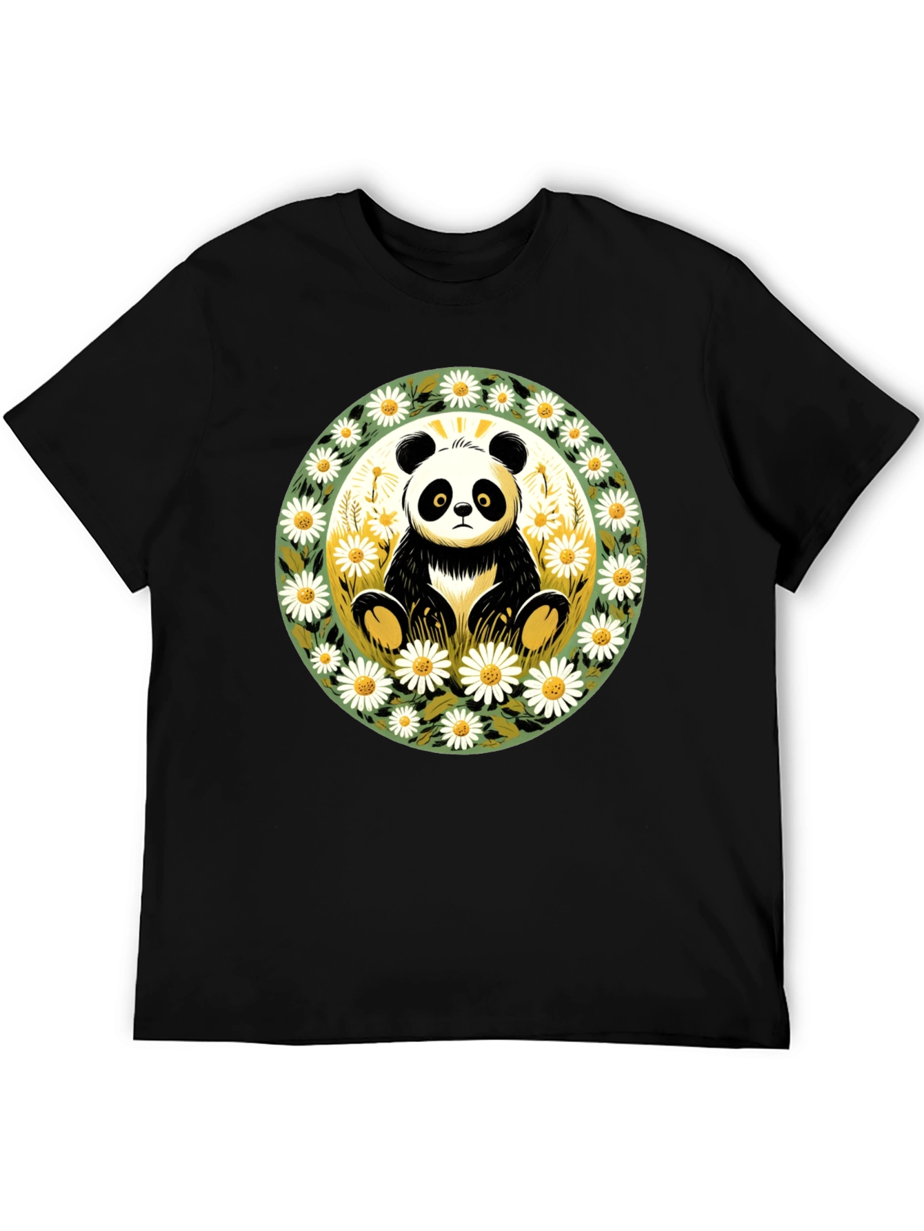Panda Surrounded by Daisies Black T-Shirt