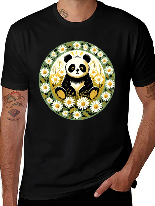 Panda Surrounded by Daisies Black T-Shirt