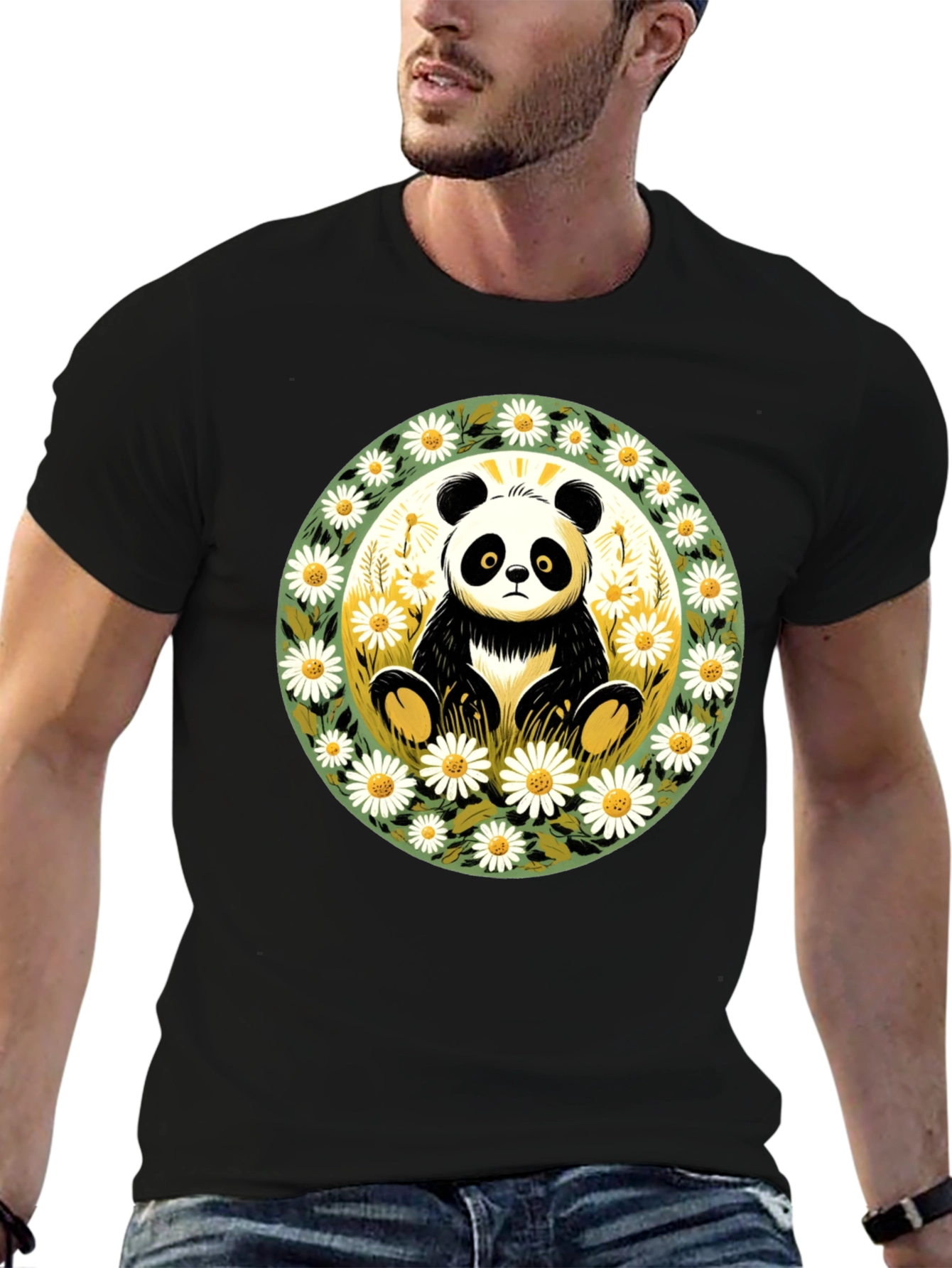 Panda Surrounded by Daisies Black T-Shirt