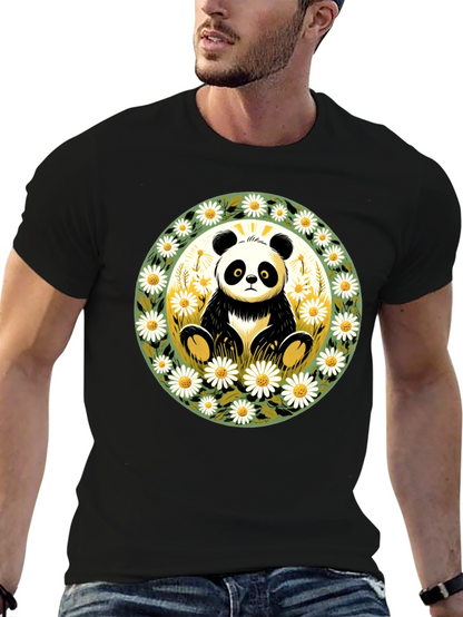 Panda Surrounded by Daisies Black T-Shirt