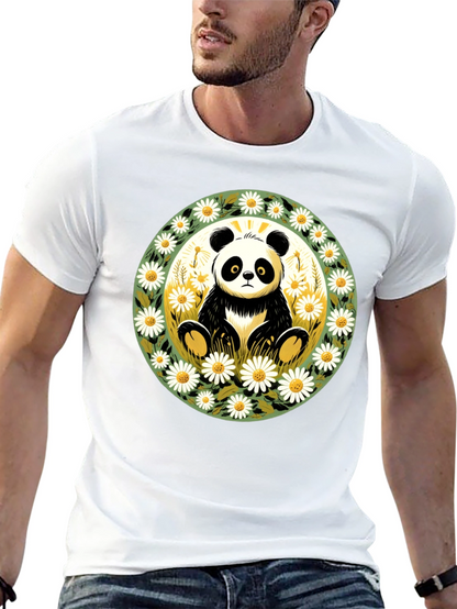 Panda Surrounded by Daisies Black T-Shirt