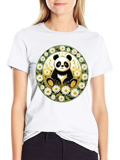 Panda Surrounded by Daisies Black T-Shirt