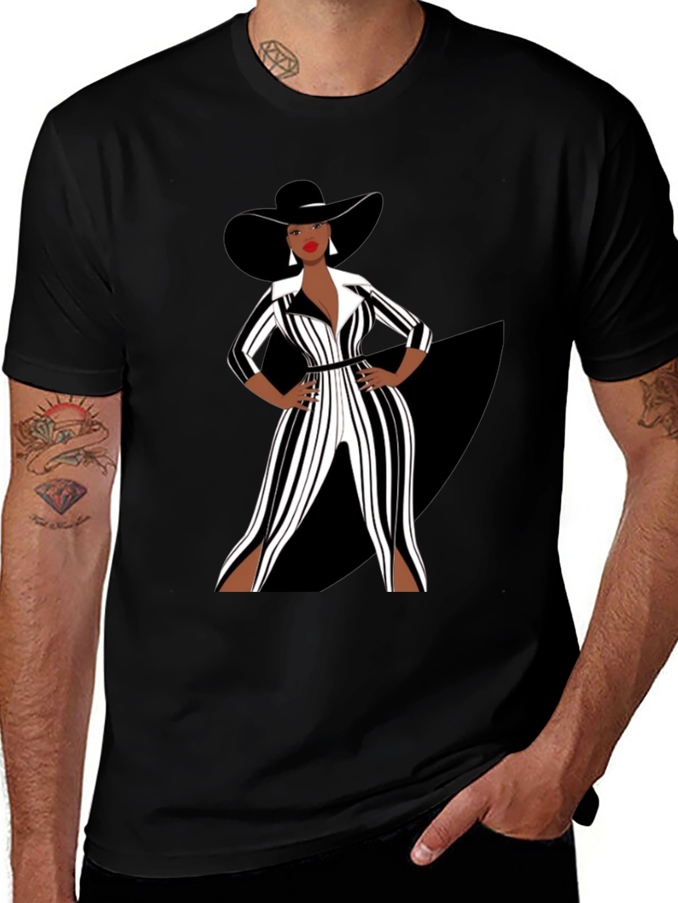 Stylish Woman in Black and White Striped Jumpsuit T-Shirt