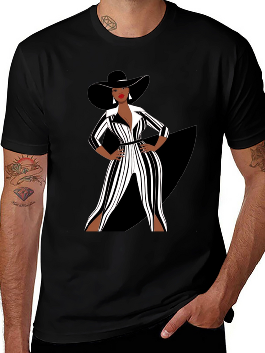 Stylish Woman in Black and White Striped Jumpsuit T-Shirt
