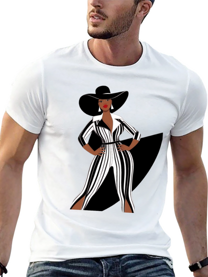 Stylish Woman in Black and White Striped Jumpsuit T-Shirt