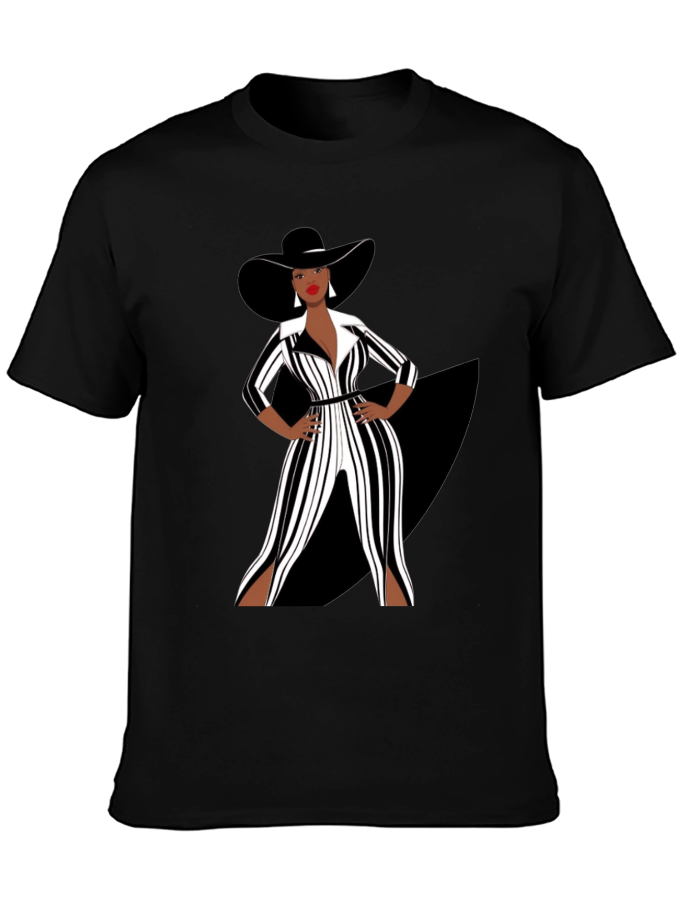 Stylish Woman in Black and White Striped Jumpsuit T-Shirt