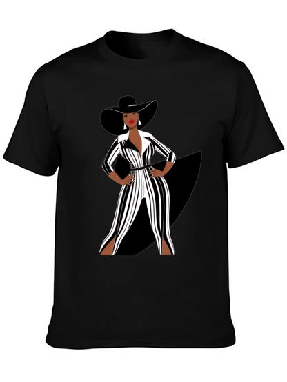 Stylish Woman in Black and White Striped Jumpsuit T-Shirt