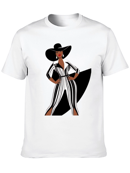 Stylish Woman in Black and White Striped Jumpsuit T-Shirt
