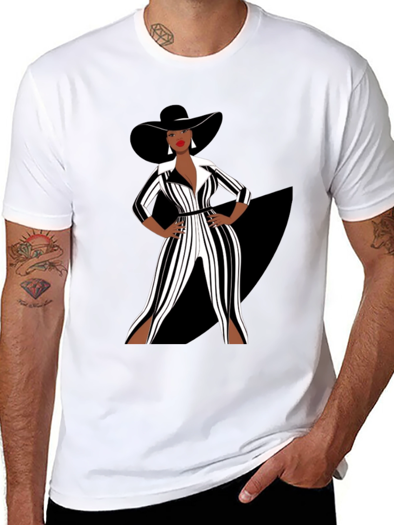 Stylish Woman in Black and White Striped Jumpsuit T-Shirt
