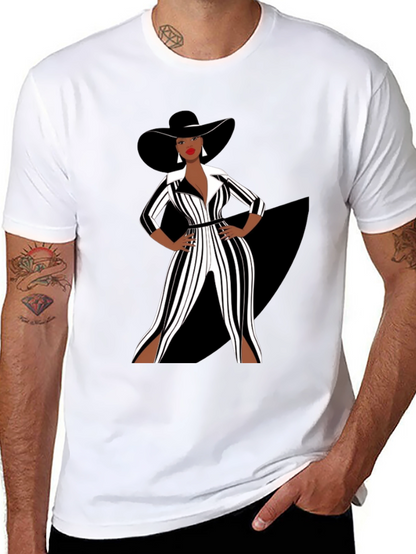 Stylish Woman in Black and White Striped Jumpsuit T-Shirt