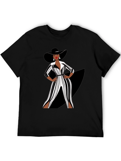Stylish Woman in Black and White Striped Jumpsuit T-Shirt