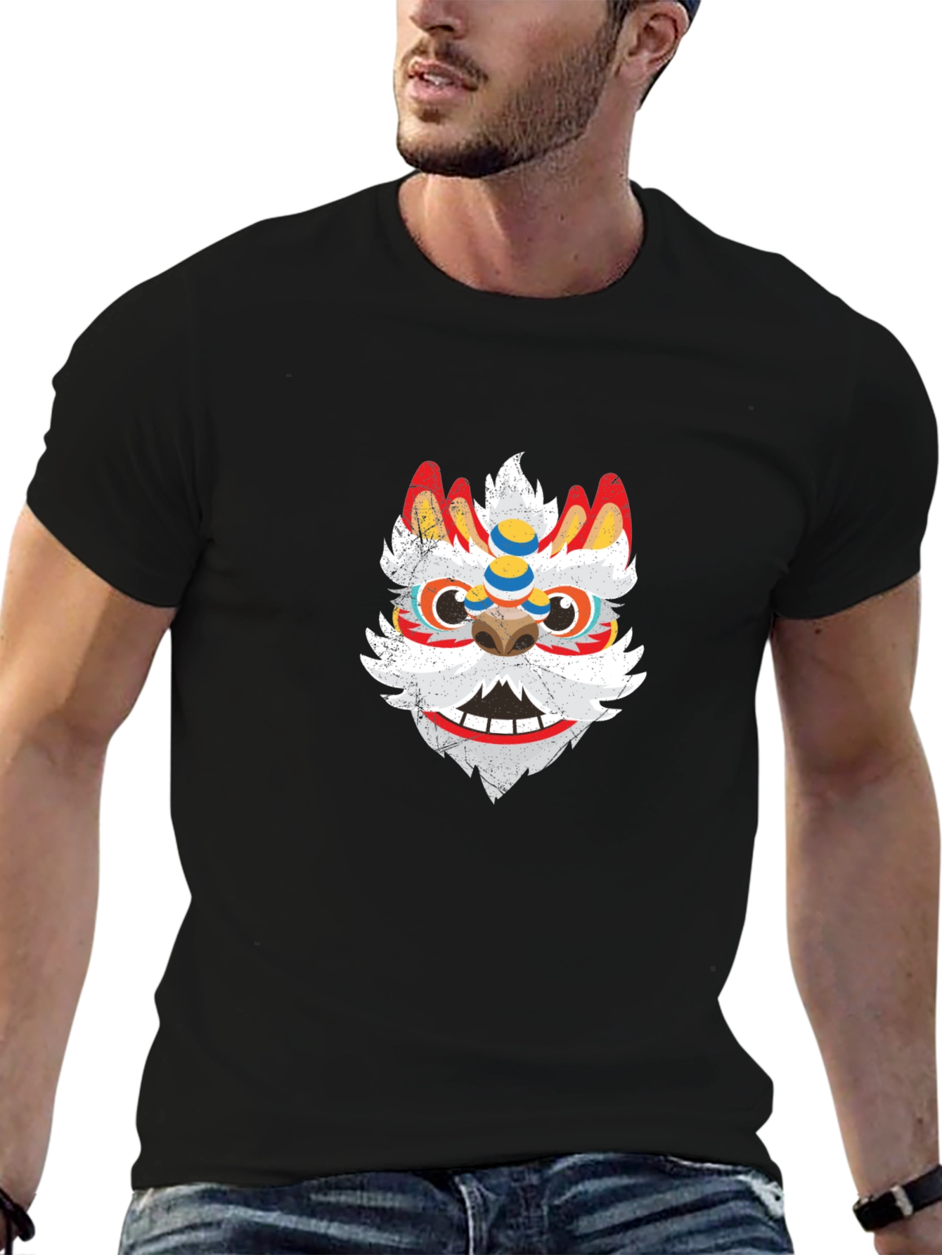 Black Tee with Chinese Lion Dance Mask Graphic