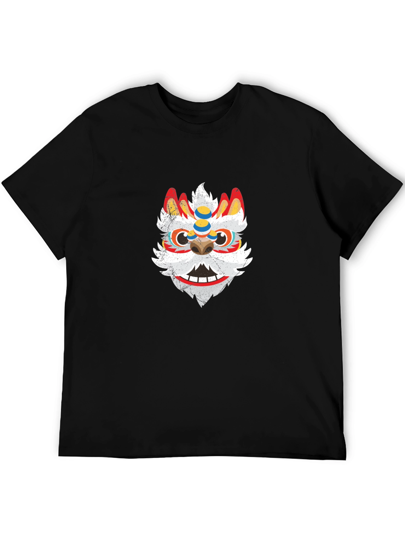 Black Tee with Chinese Lion Dance Mask Graphic