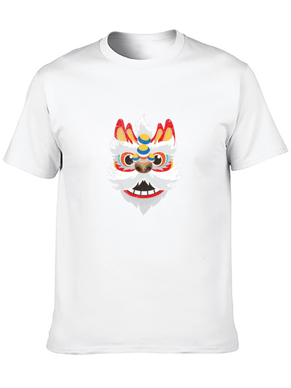 Black Tee with Chinese Lion Dance Mask Graphic