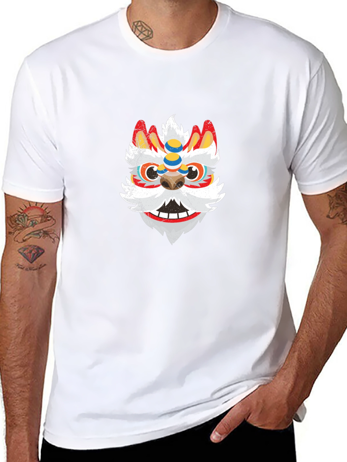 Black Tee with Chinese Lion Dance Mask Graphic