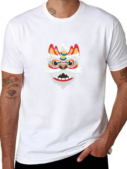 Black Tee with Chinese Lion Dance Mask Graphic
