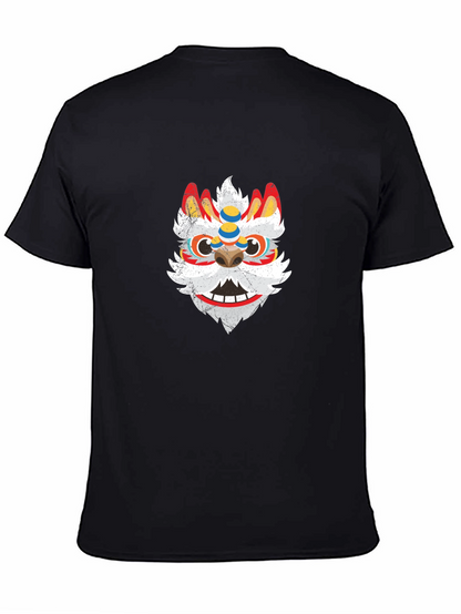 Black Tee with Chinese Lion Dance Mask Graphic