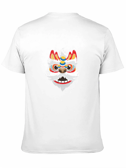 Black Tee with Chinese Lion Dance Mask Graphic