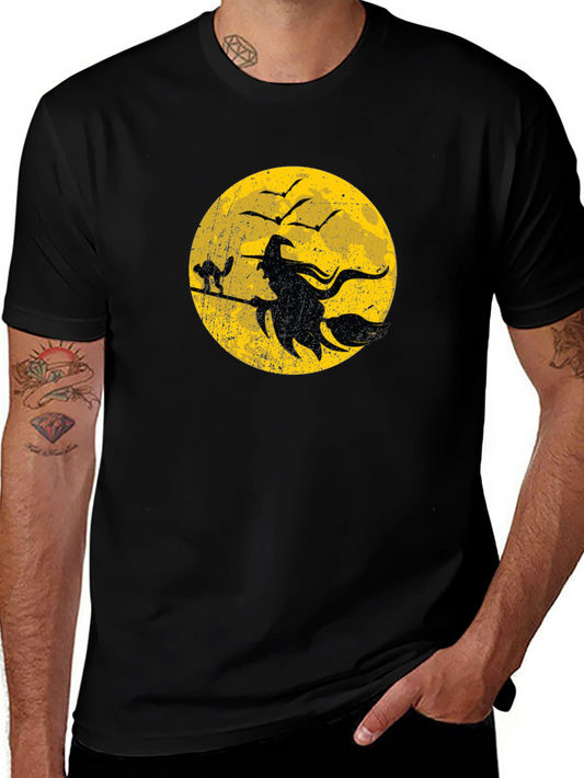 Halloween Witch and Cat Graphic T-Shirt