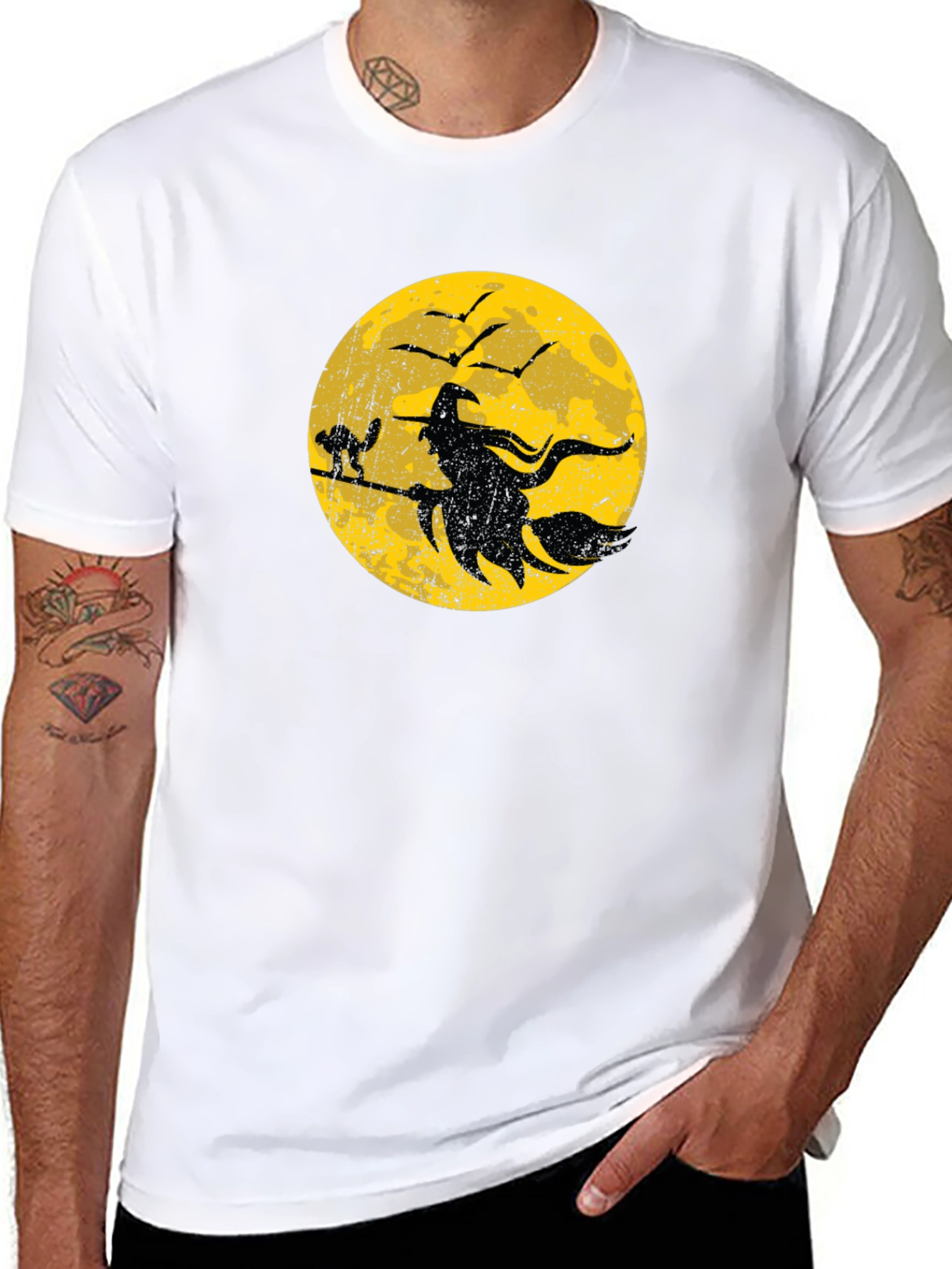 Halloween Witch and Cat Graphic T-Shirt