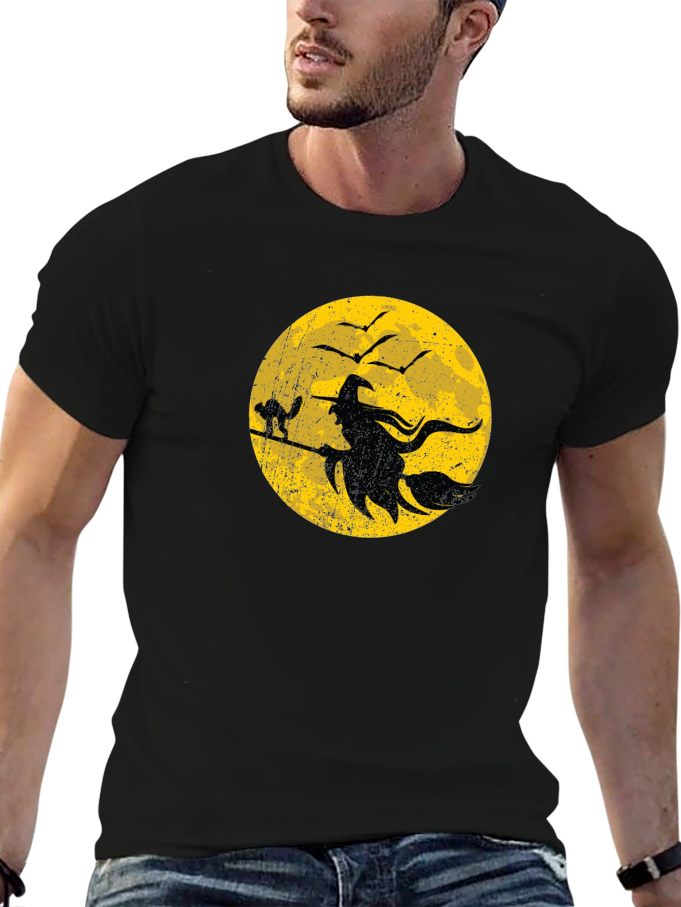 Halloween Witch and Cat Graphic T-Shirt