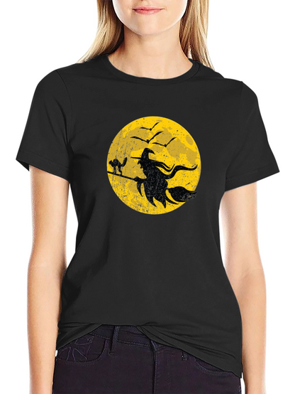 Halloween Witch and Cat Graphic T-Shirt