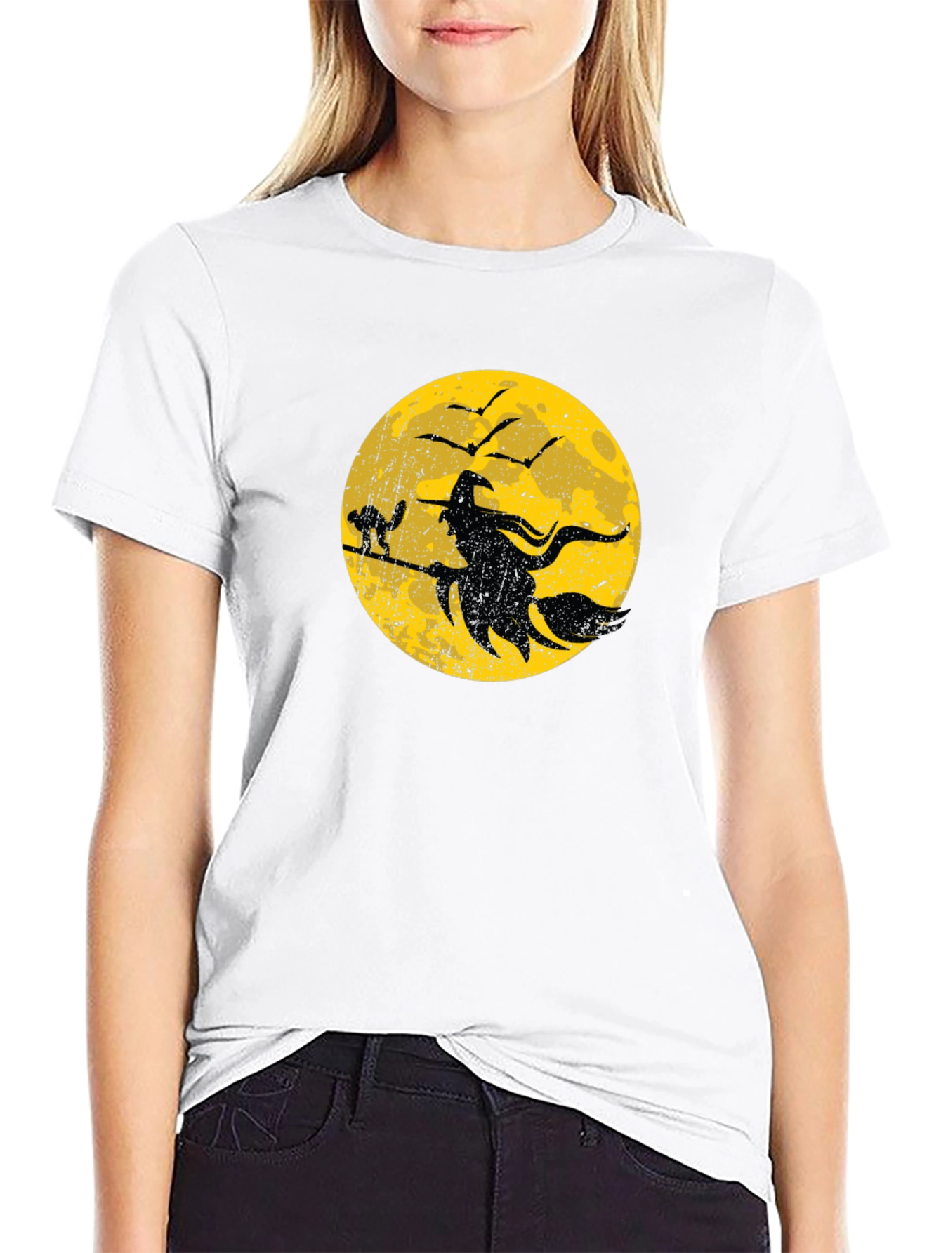 Halloween Witch and Cat Graphic T-Shirt