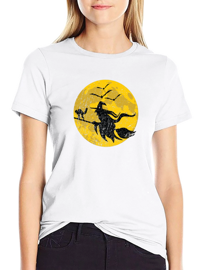 Halloween Witch and Cat Graphic T-Shirt