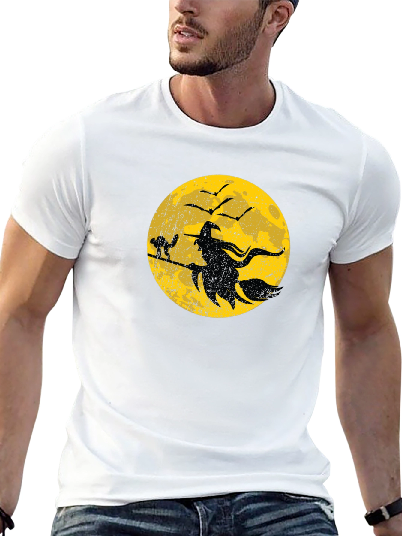 Halloween Witch and Cat Graphic T-Shirt