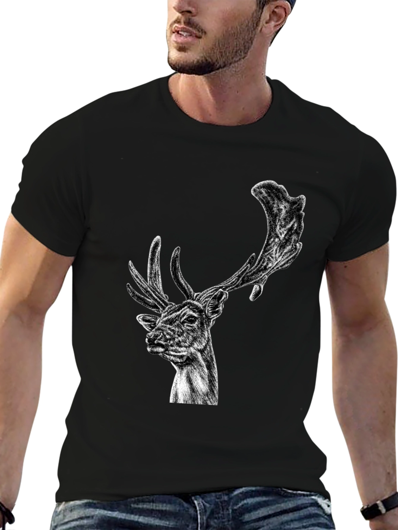 Black Deer Graphic Tee - Wildlife Art Shirt