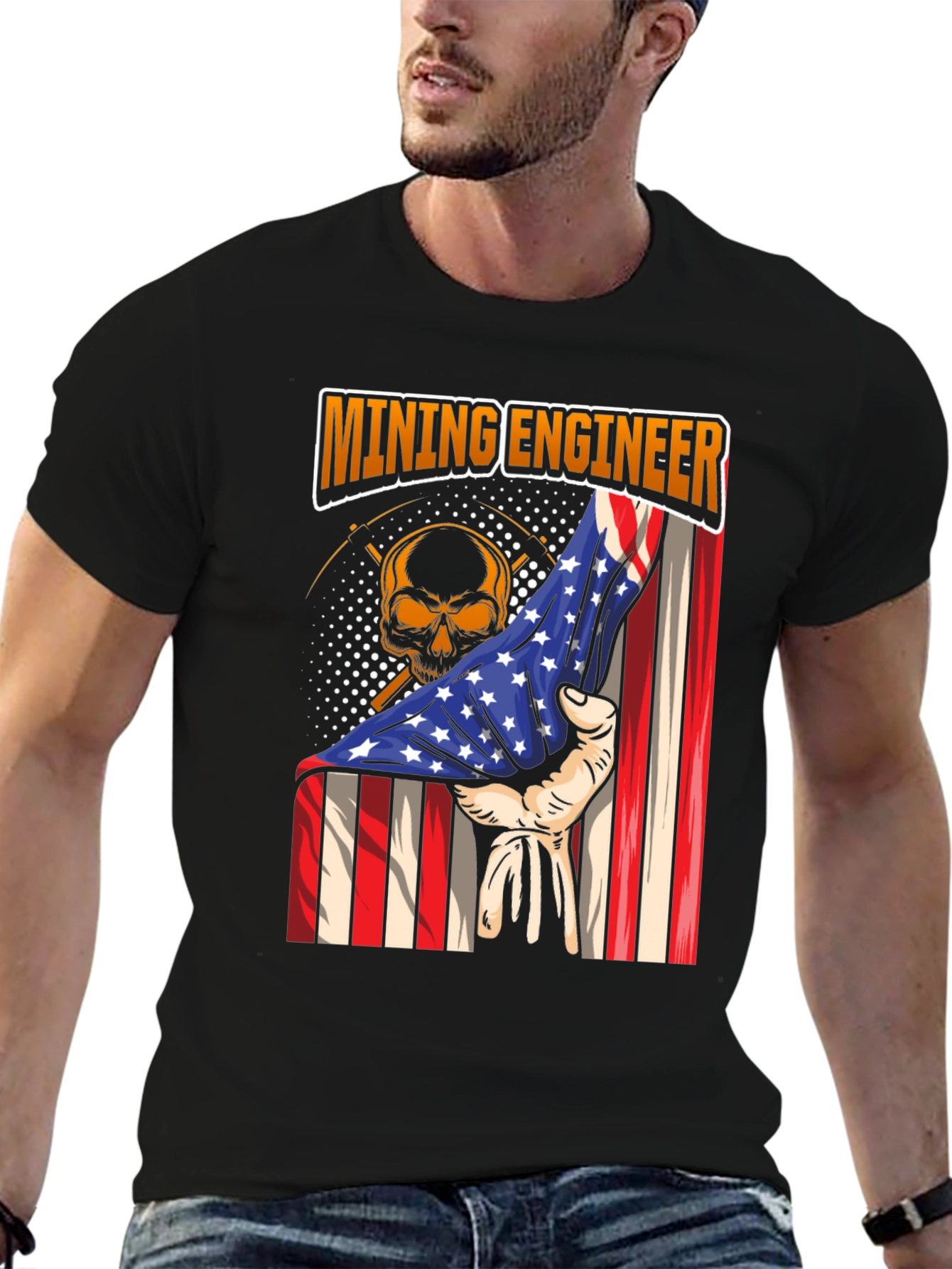 Mining Engineer American Flag Skull T-Shirt