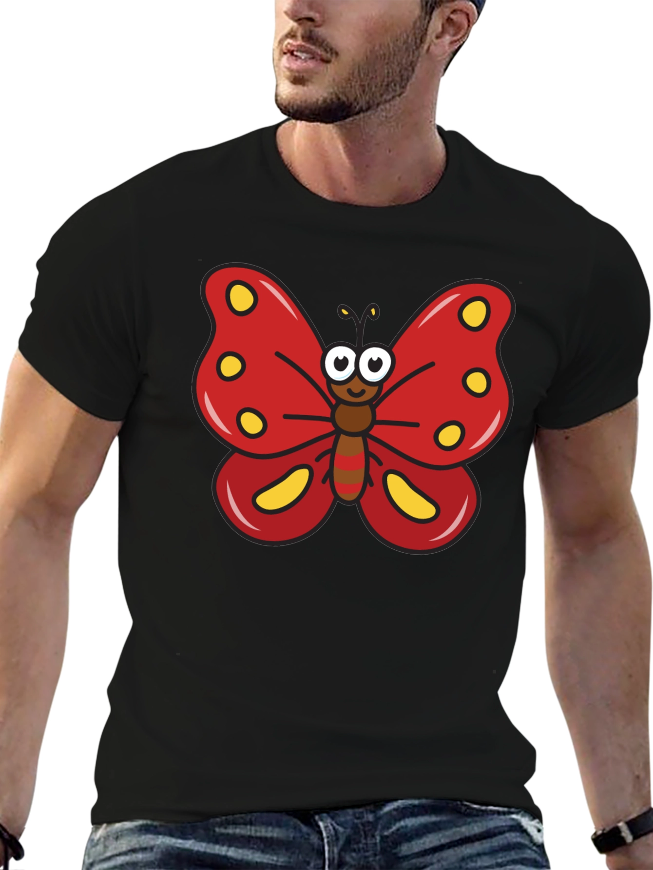 Cartoon Butterfly Graphic Tee - Black T-Shirt