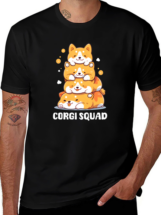 Corgi Squad Stacked Dogs Black T-Shirt