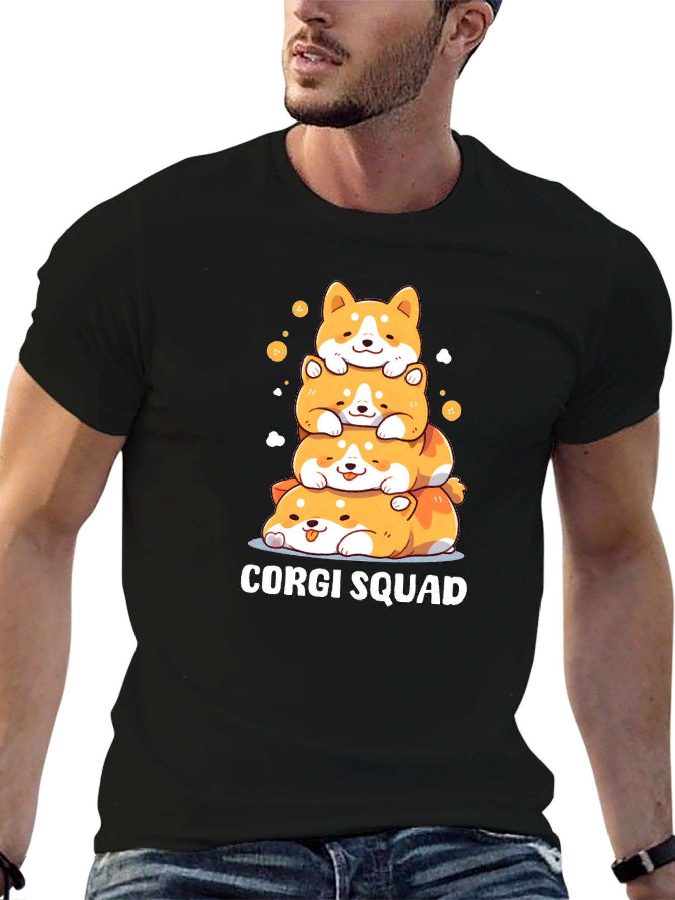 Corgi Squad Stacked Dogs Black T-Shirt