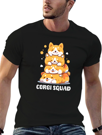 Corgi Squad Stacked Dogs Black T-Shirt