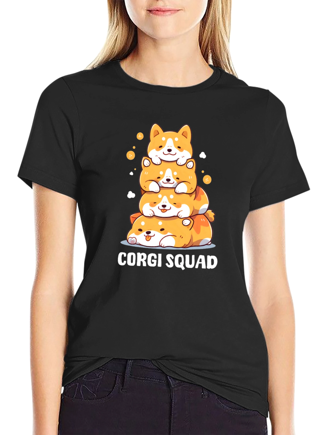 Corgi Squad Stacked Dogs Black T-Shirt
