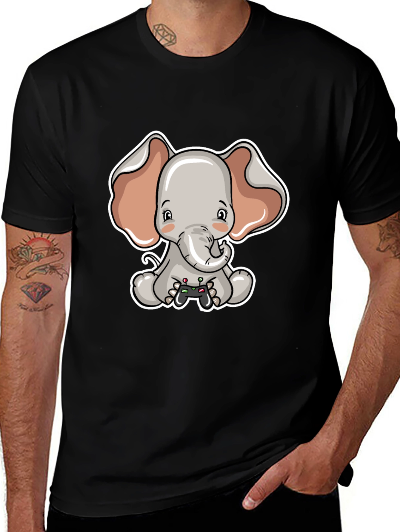 Cute Elephant Gamer Black T-Shirt