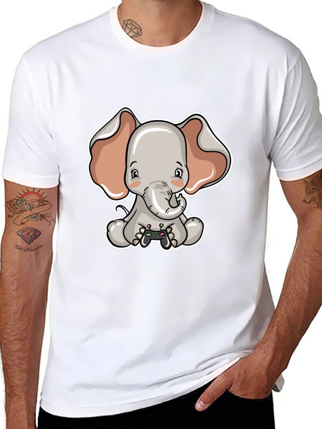 Cute Elephant Gamer Black T-Shirt