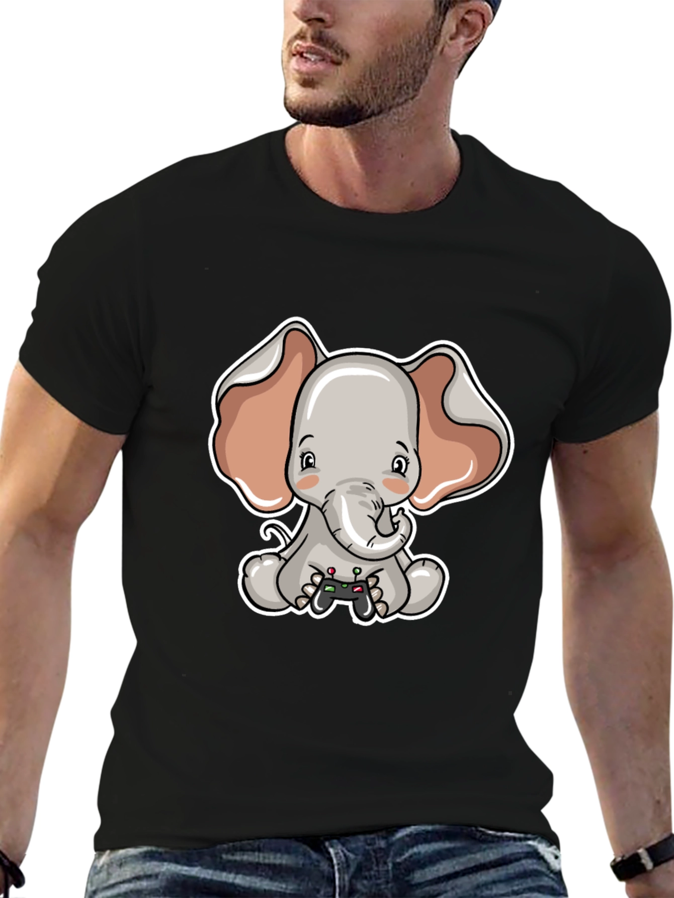 Cute Elephant Gamer Black T-Shirt