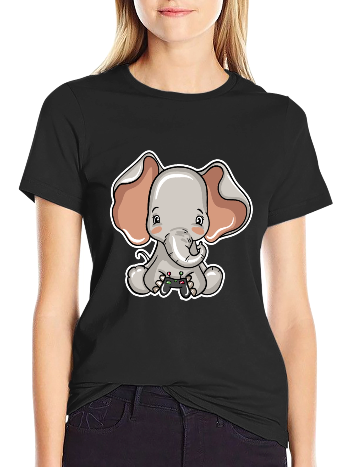 Cute Elephant Gamer Black T-Shirt