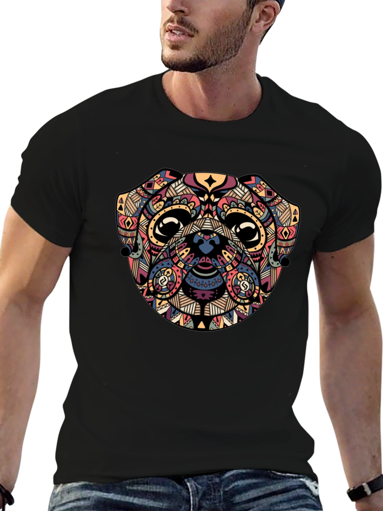 Geometric Pug Graphic Black T-Shirt