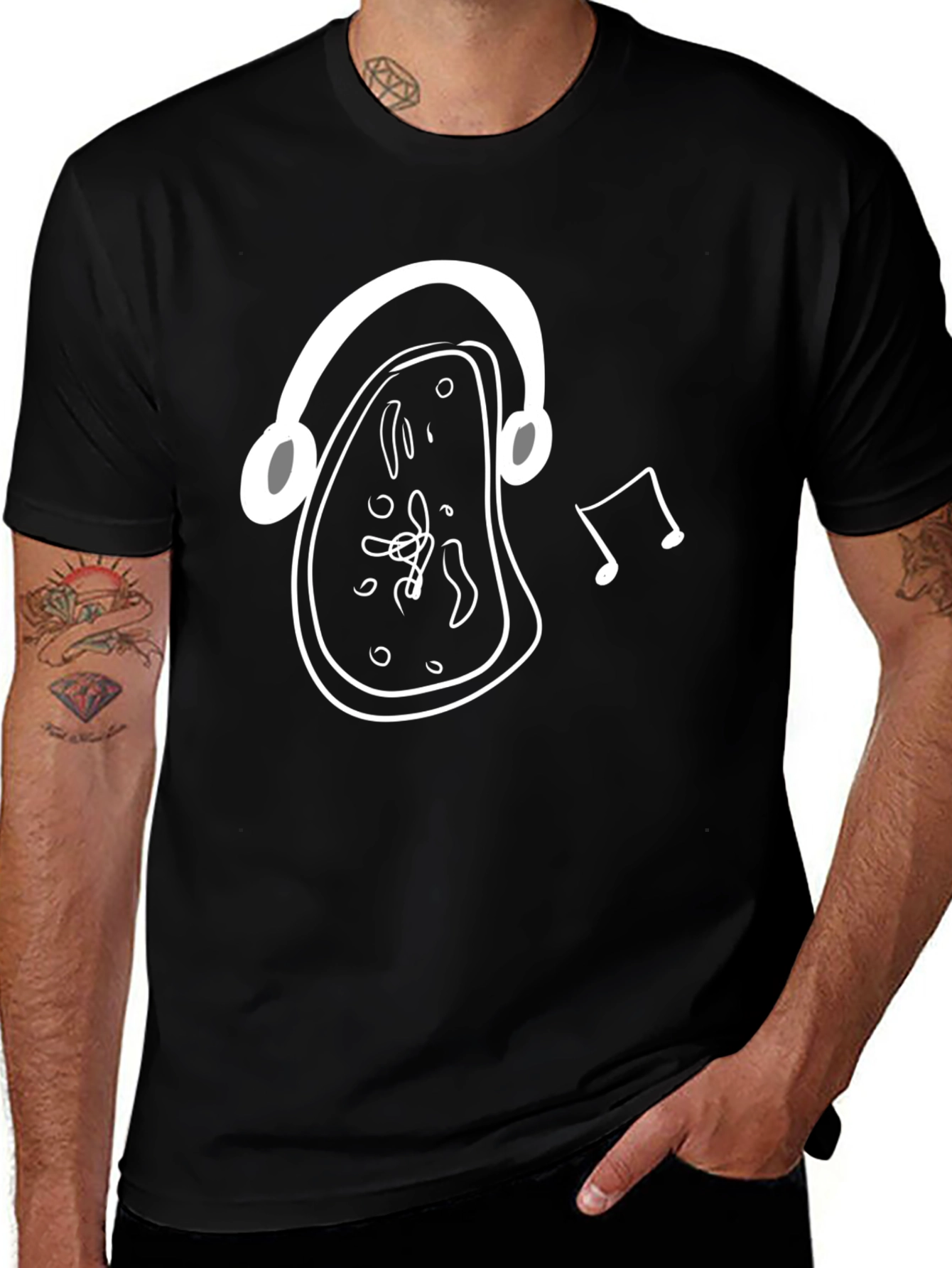 Melting Clock Headphones Graphic Tee - Black Cotton Shirt