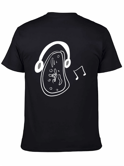 Melting Clock Headphones Graphic Tee - Black Cotton Shirt