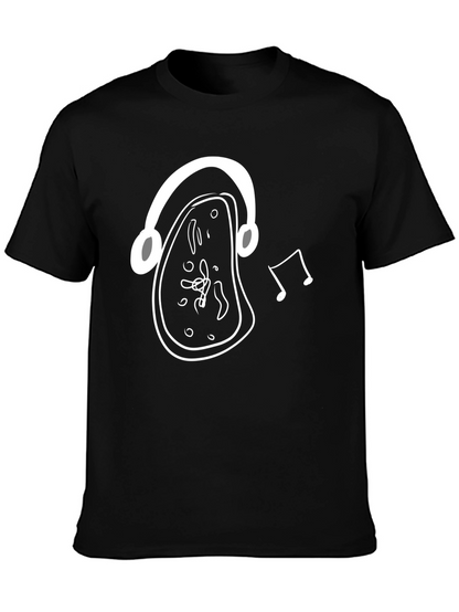 Melting Clock Headphones Graphic Tee - Black Cotton Shirt