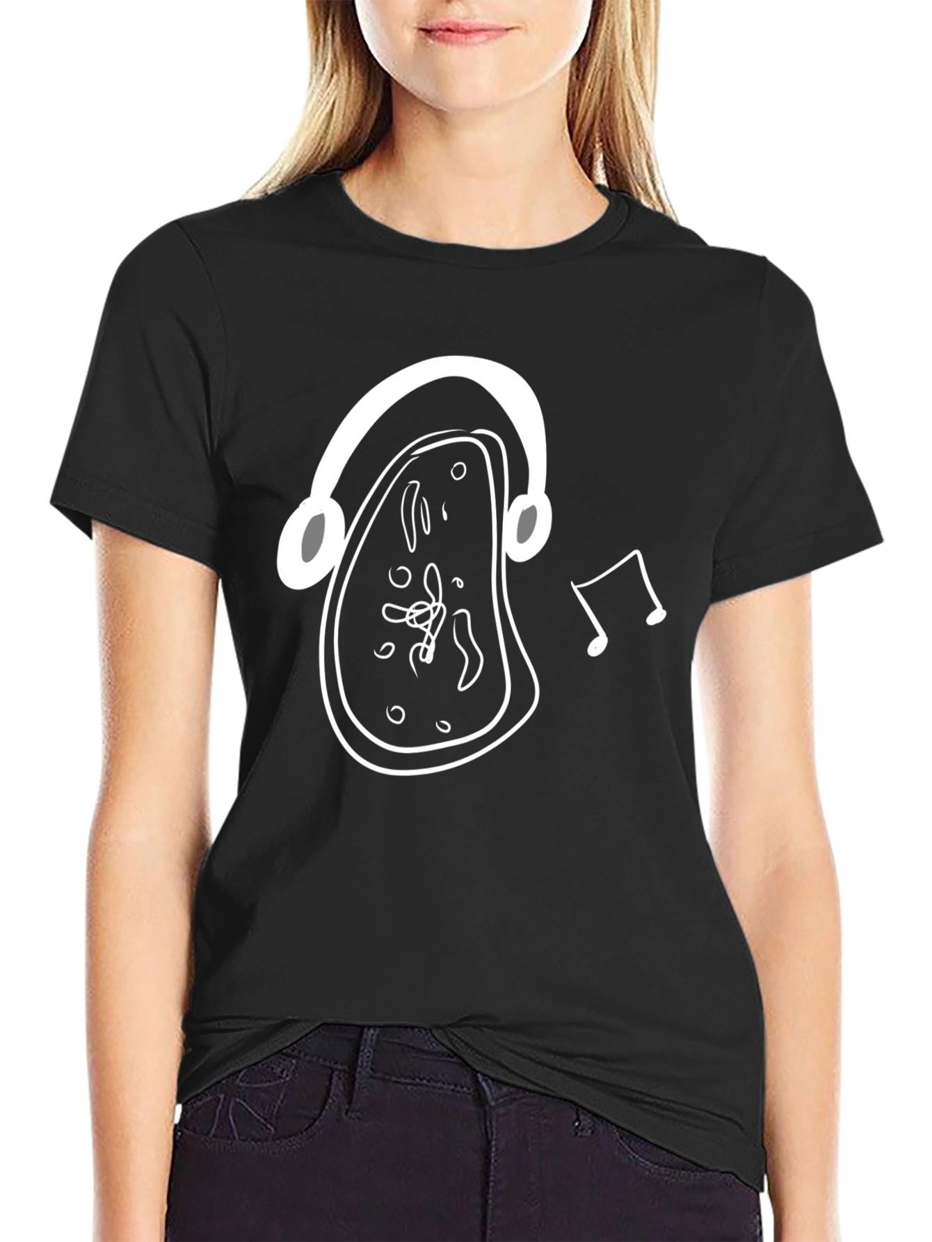 Melting Clock Headphones Graphic Tee - Black Cotton Shirt