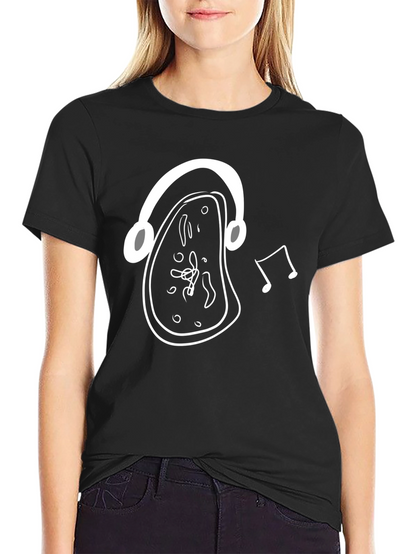 Melting Clock Headphones Graphic Tee - Black Cotton Shirt