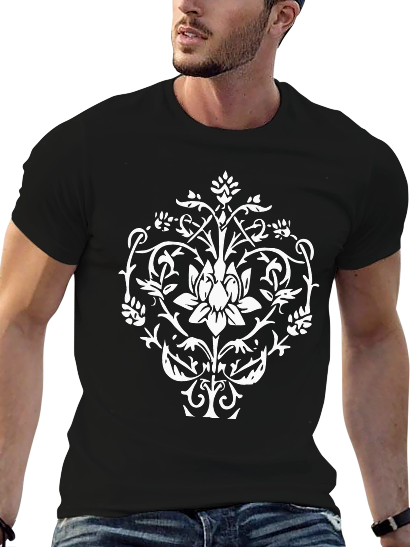 Black T-Shirt with White Floral Graphic Print