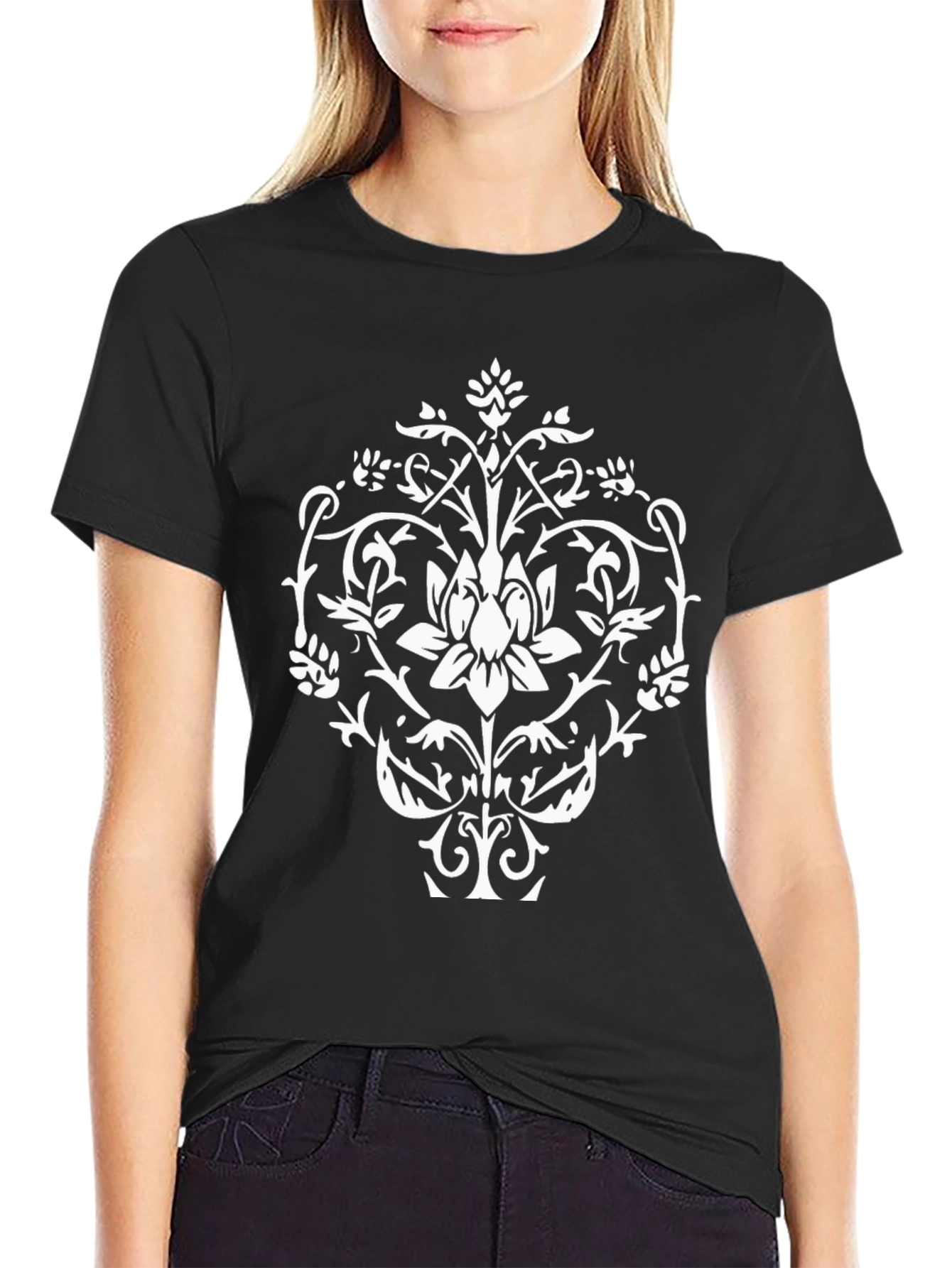 Black T-Shirt with White Floral Graphic Print